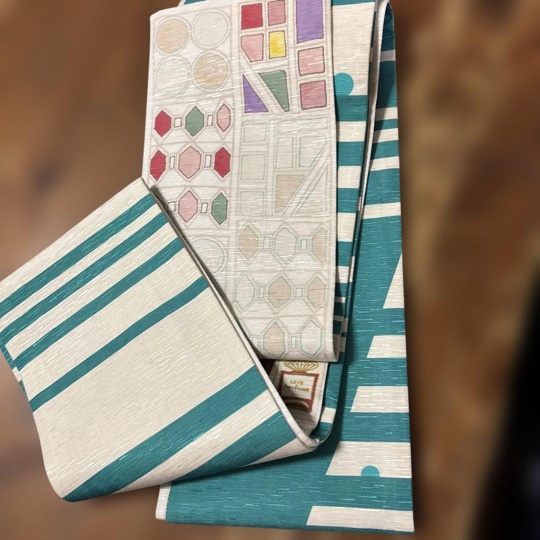 青白ストライプ女性顔半幅帯　絹　wakka