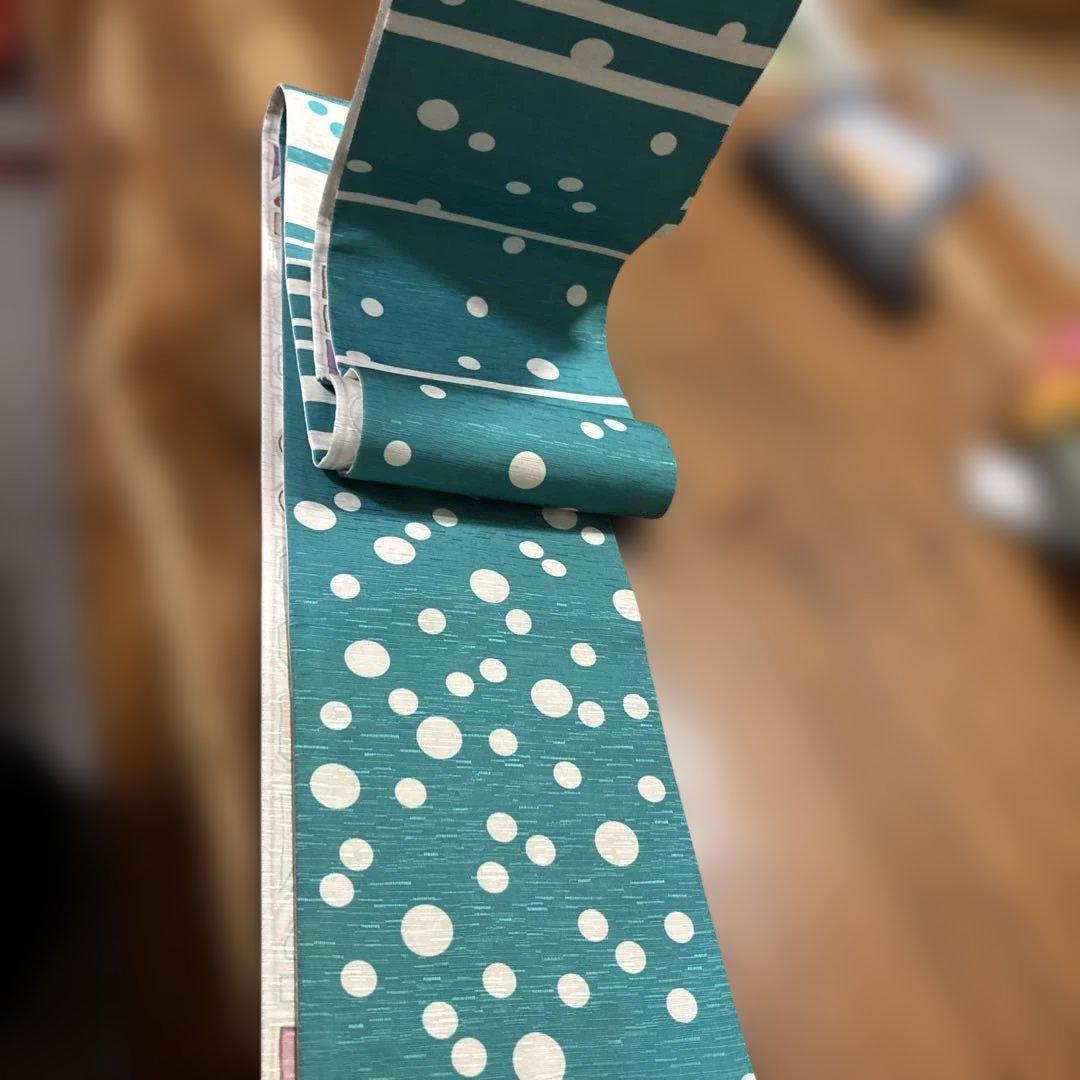 青白ストライプ女性顔半幅帯　絹　wakka