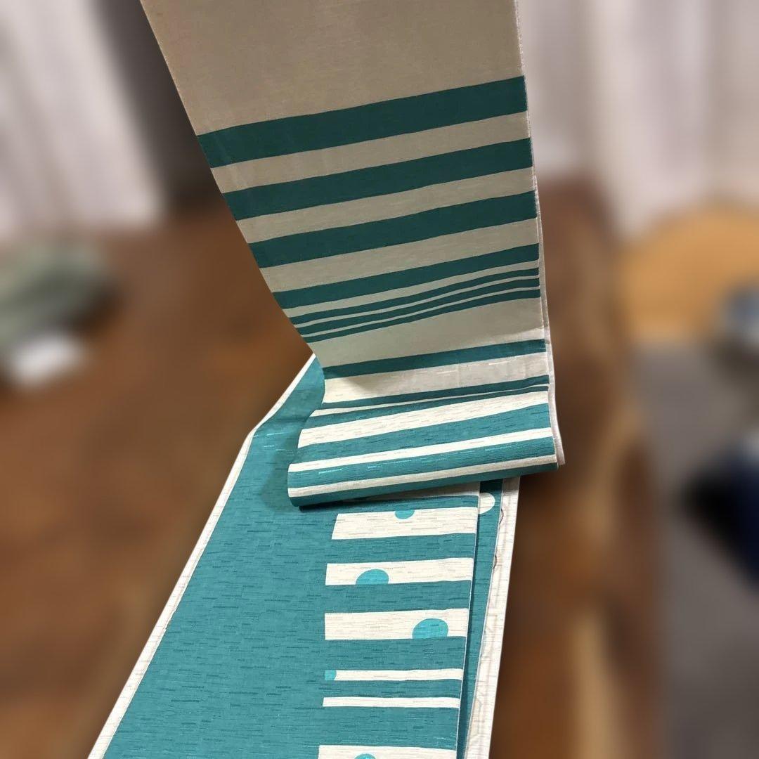 青白ストライプ女性顔半幅帯　絹　wakka