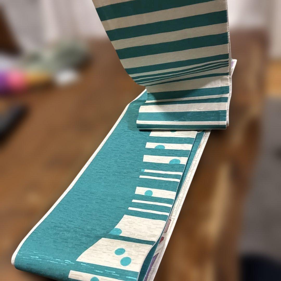 青白ストライプ女性顔半幅帯　絹　wakka