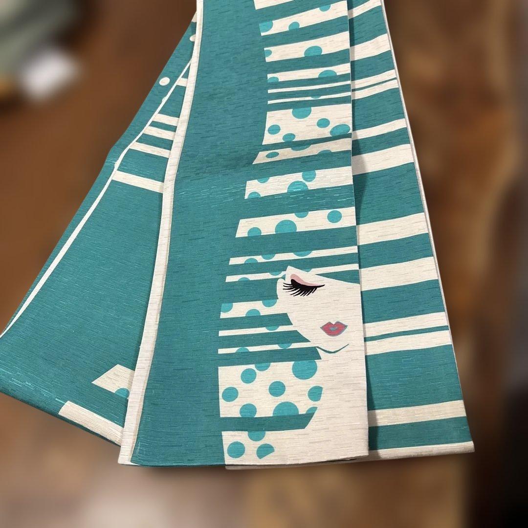 青白ストライプ女性顔半幅帯　絹　wakka