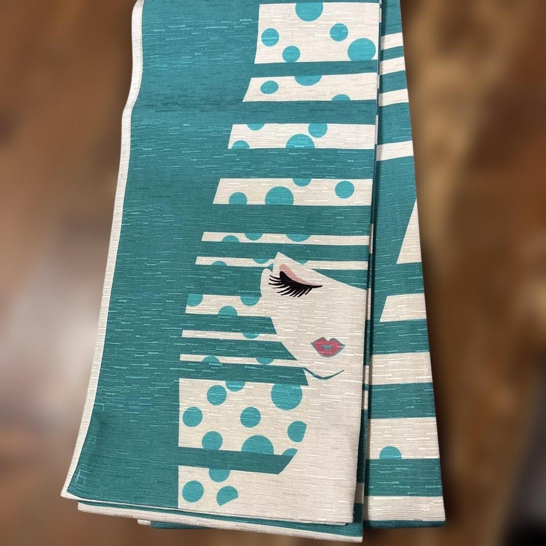 青白ストライプ女性顔半幅帯　絹　wakka