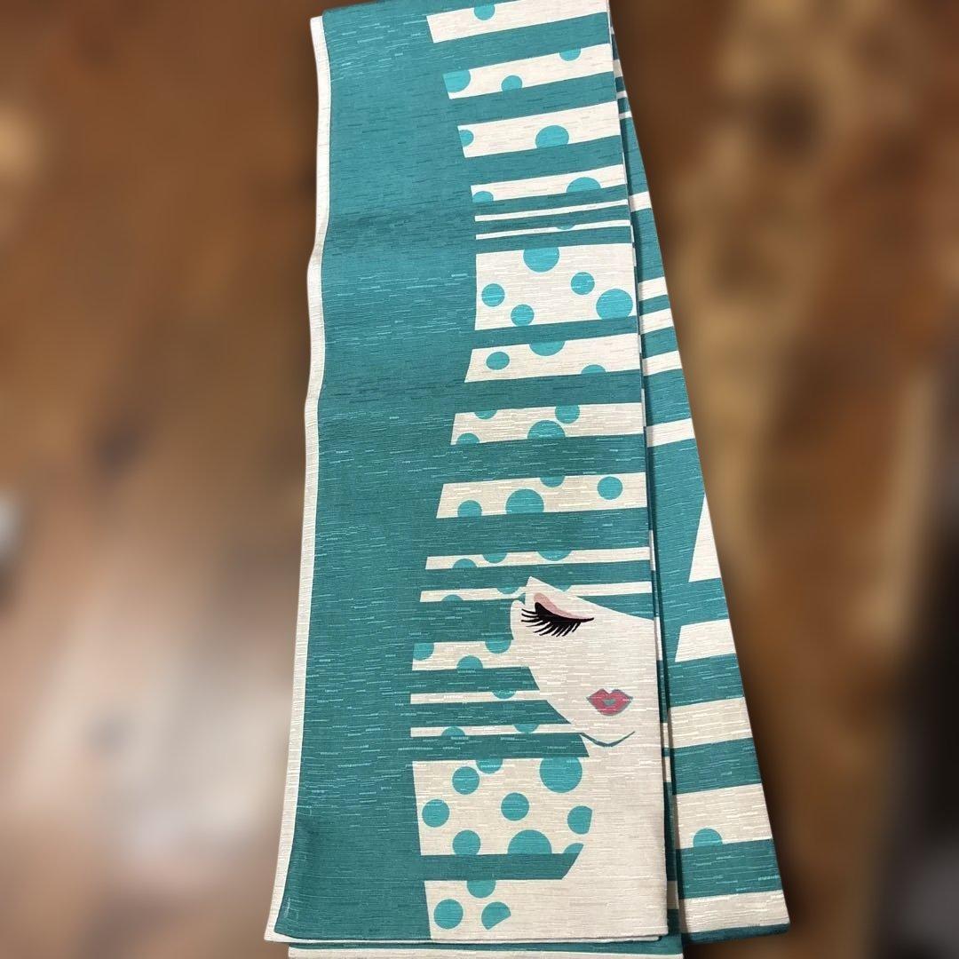 青白ストライプ女性顔半幅帯　絹　wakka