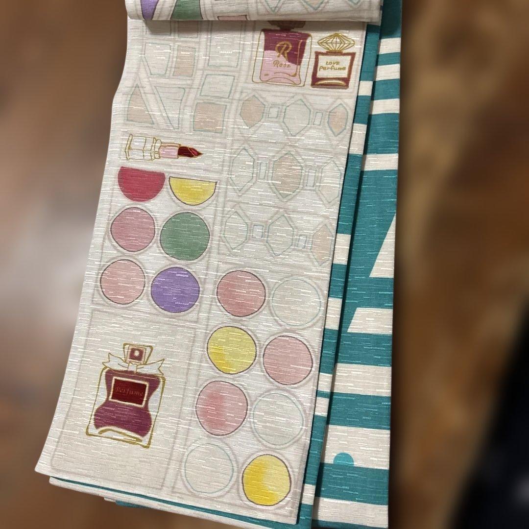 青白ストライプ女性顔半幅帯　絹　wakka