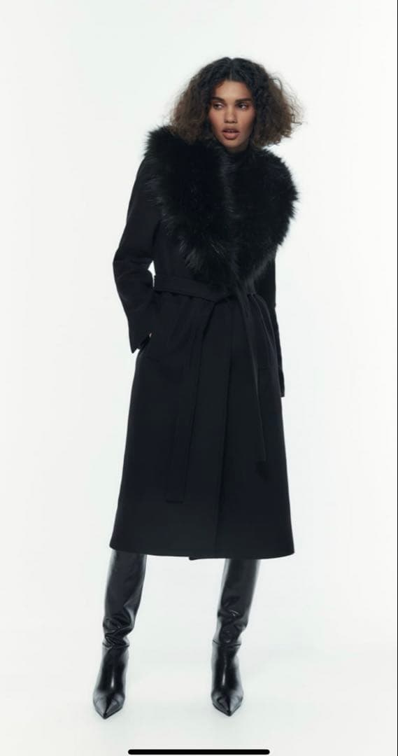 ZARA ブラック ロングコート ファー付き　MANTEKO