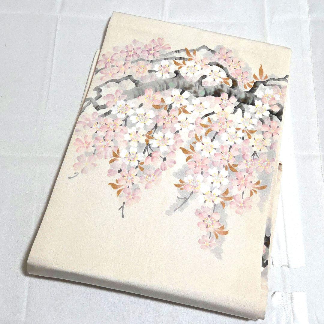 C 塩瀬 枝垂れ桜の花模様 金彩 白 太鼓 正絹 カジュアルな名古屋帯