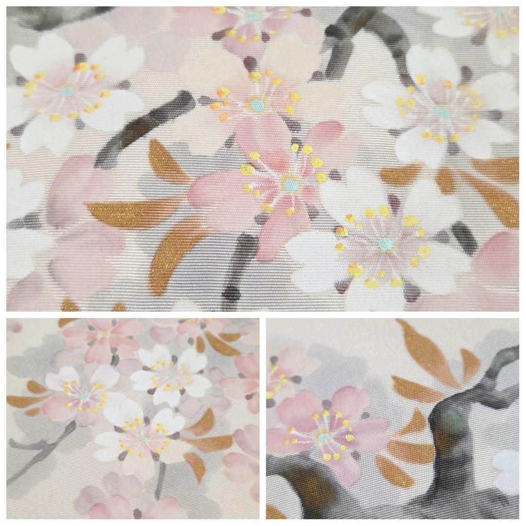 C 塩瀬 枝垂れ桜の花模様 金彩 白 太鼓 正絹 カジュアルな名古屋帯