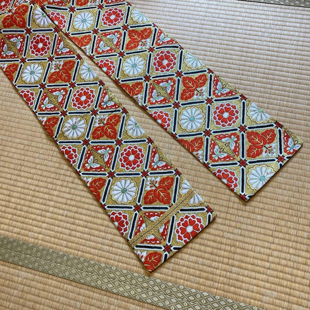 七五三　帯　両面柄　七歳　ゴールド系　結び帯　蝶