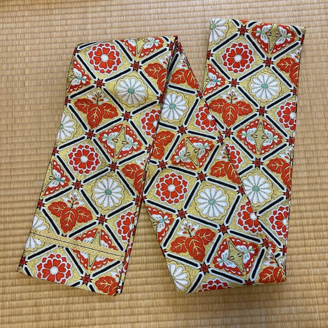 七五三　帯　両面柄　七歳　ゴールド系　結び帯　蝶