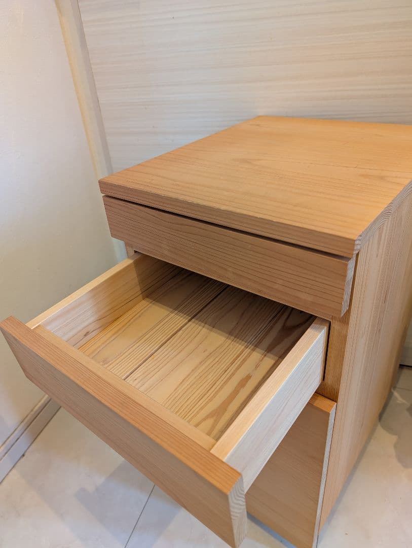 【送料込】キシル　無垢天然木　ヒノキ　キャスター付きワゴン　サイドワゴン