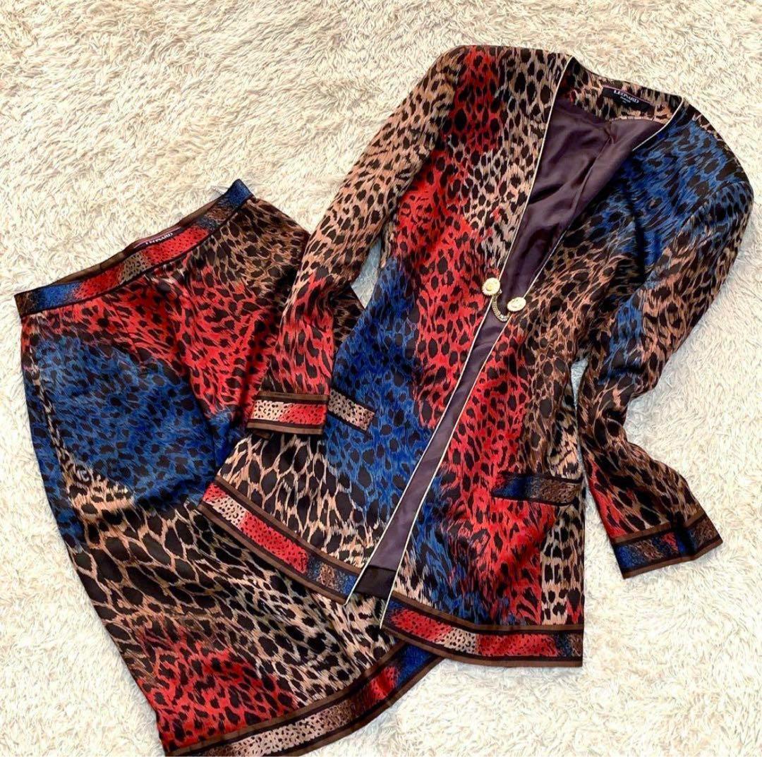 LEONARDレオナール　豹柄　絹シルク ノーカラー上下セットアップ　レオパード