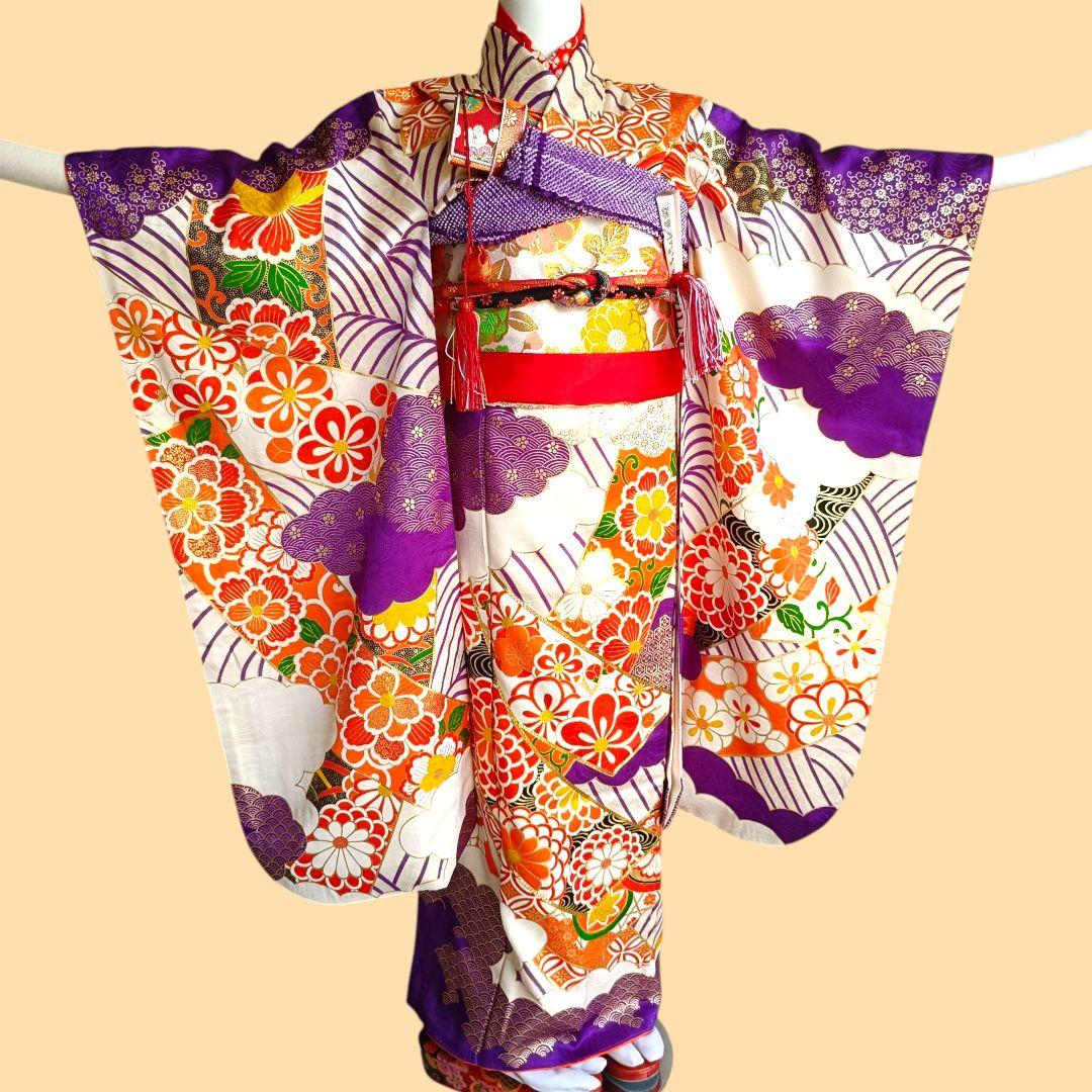 正絹☆誂え品☆白紫色の着物と袋帯セット☆七五三