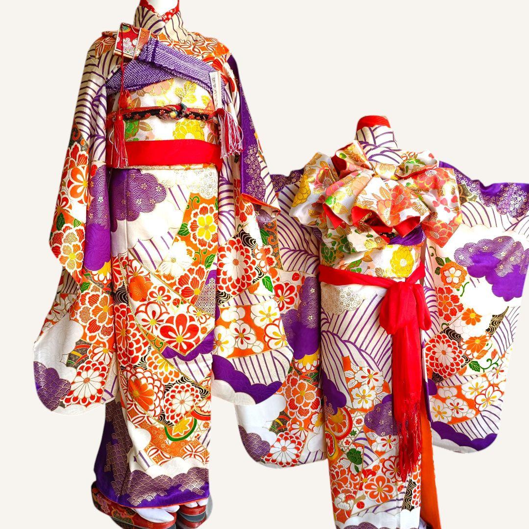 正絹☆誂え品☆白紫色の着物と袋帯セット☆七五三