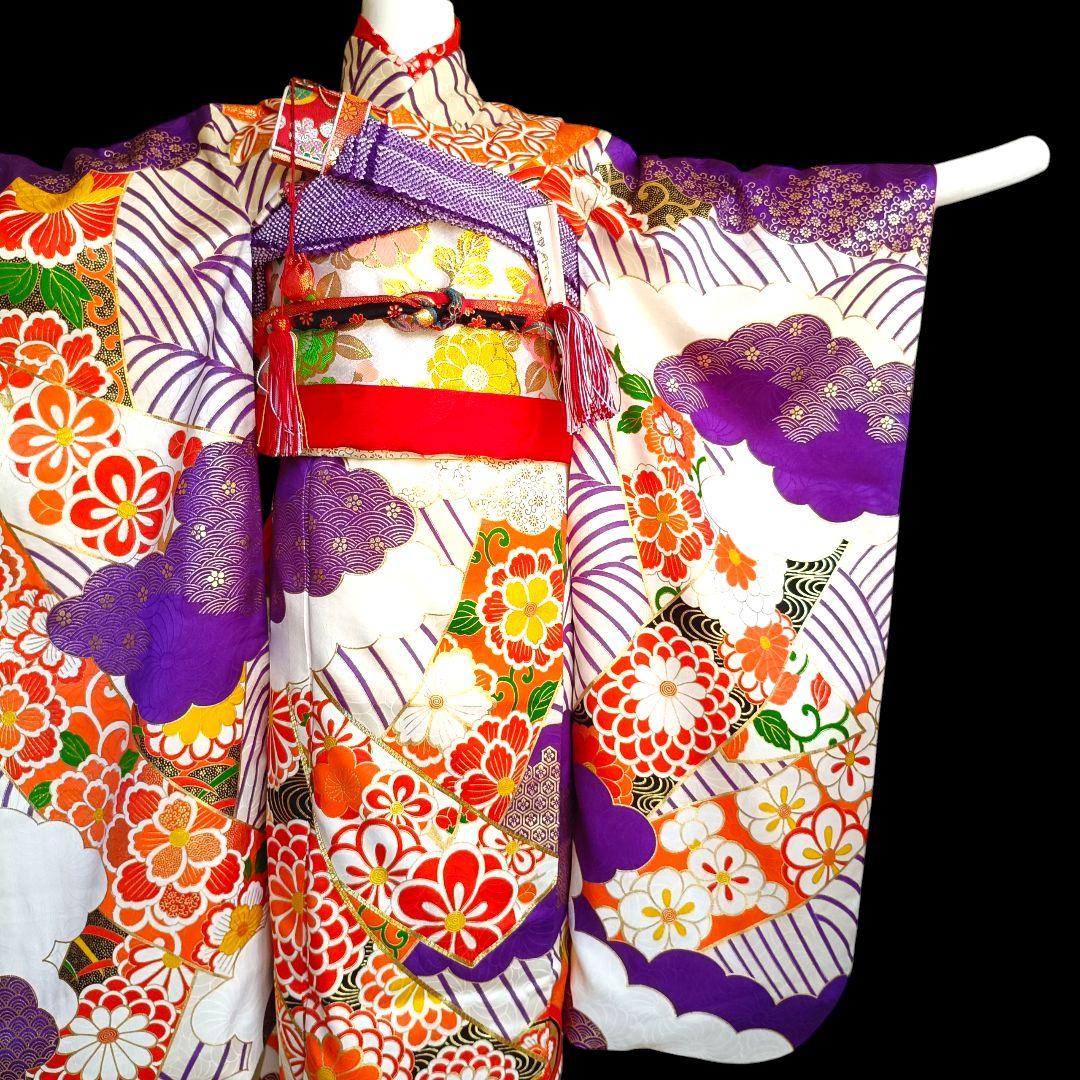 正絹☆誂え品☆白紫色の着物と袋帯セット☆七五三