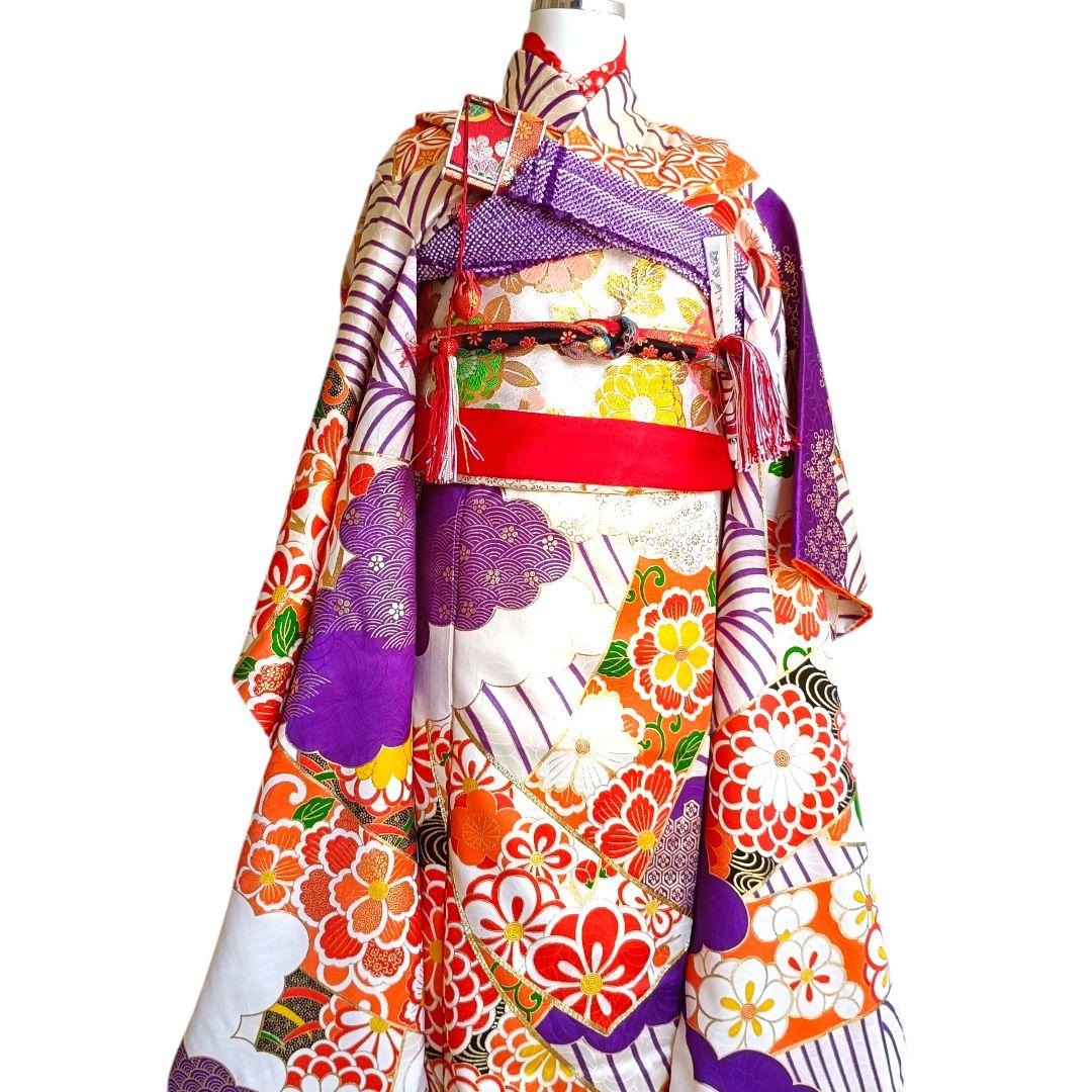 正絹☆誂え品☆白紫色の着物と袋帯セット☆七五三