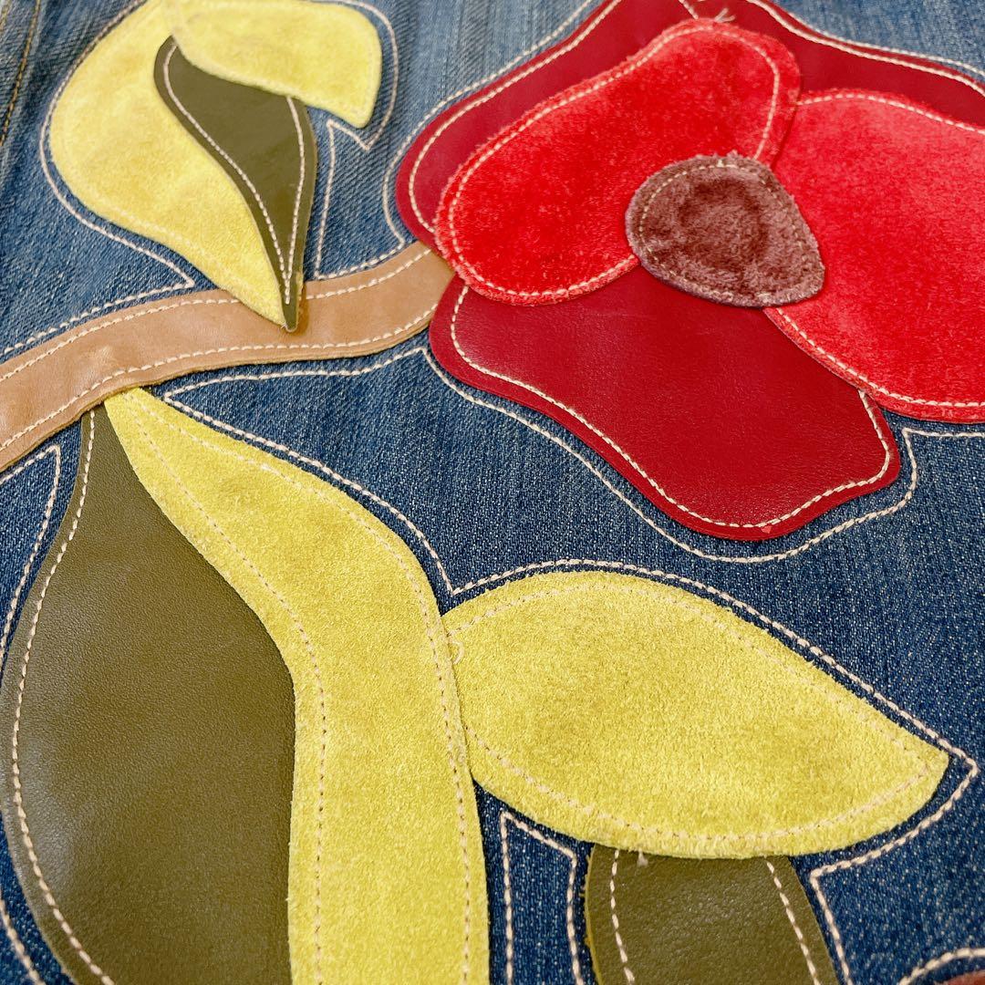 希少　コーチ　本革花柄レザー刺繍　デニムジャケット　ヴィンテージ　S