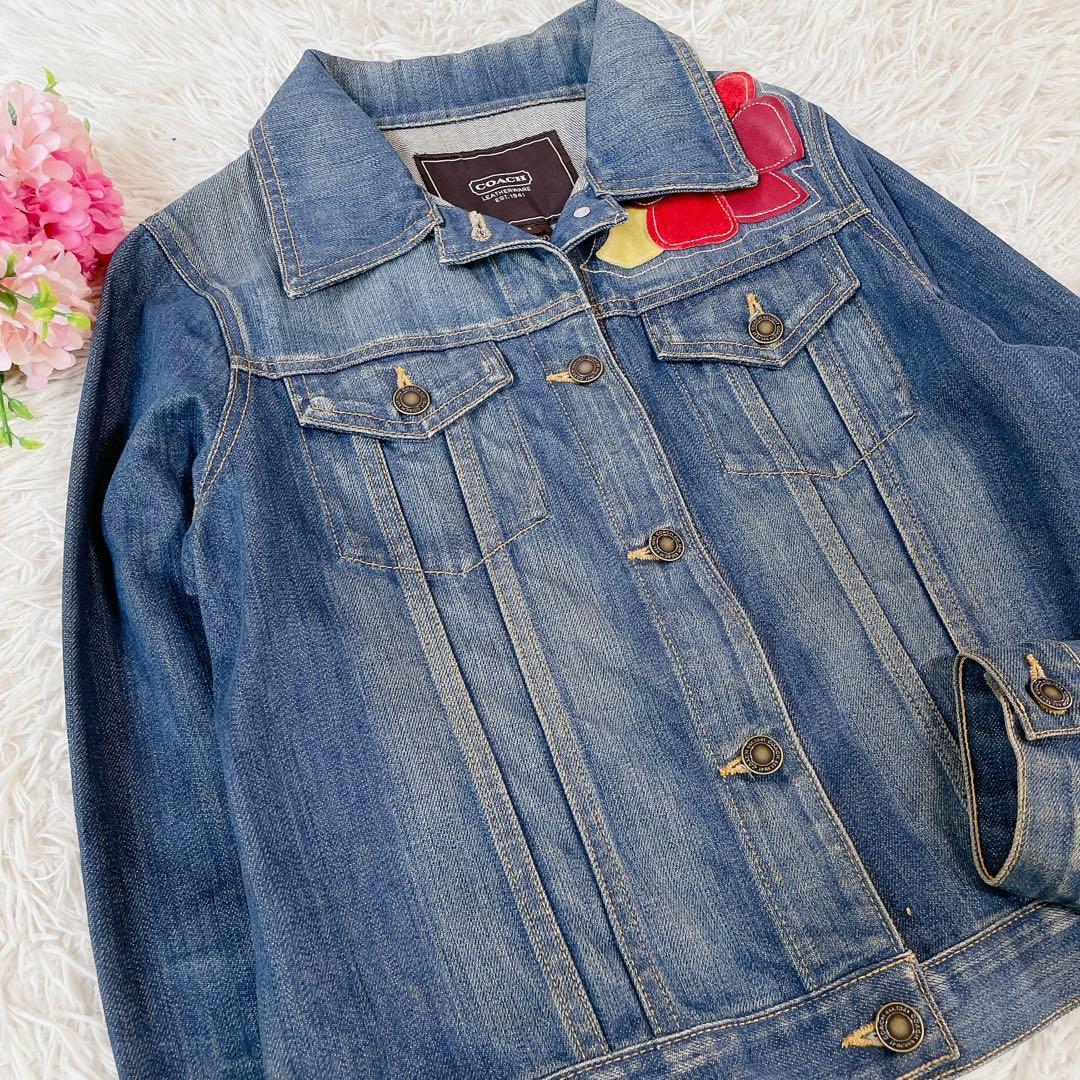 希少　コーチ　本革花柄レザー刺繍　デニムジャケット　ヴィンテージ　S
