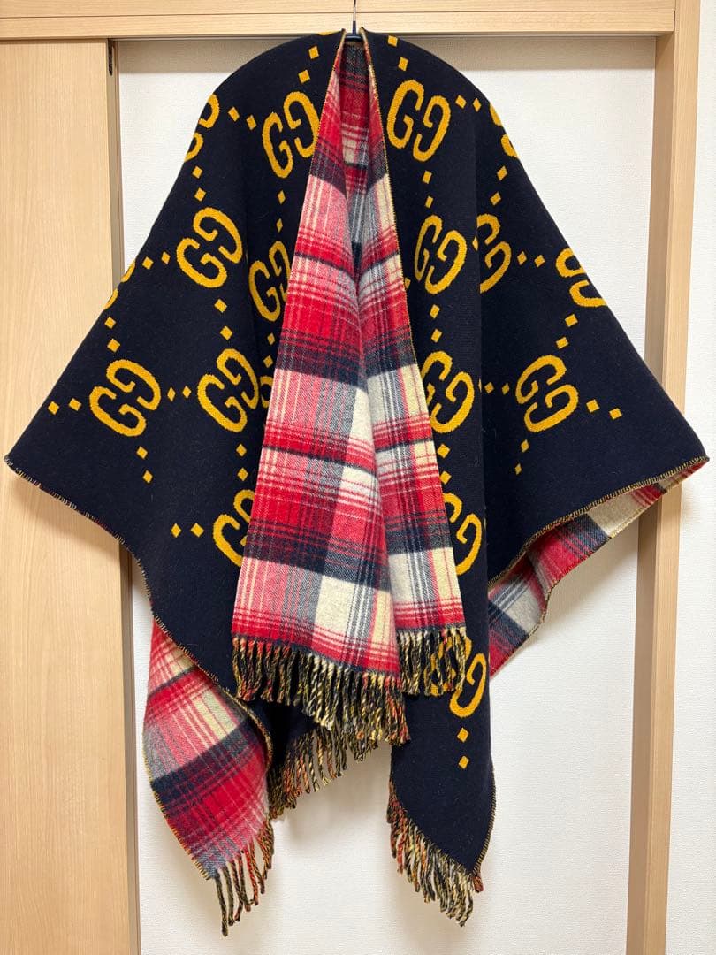 【極美品】グッチ リバーシブル GG チェックウール ポンチョ 553118