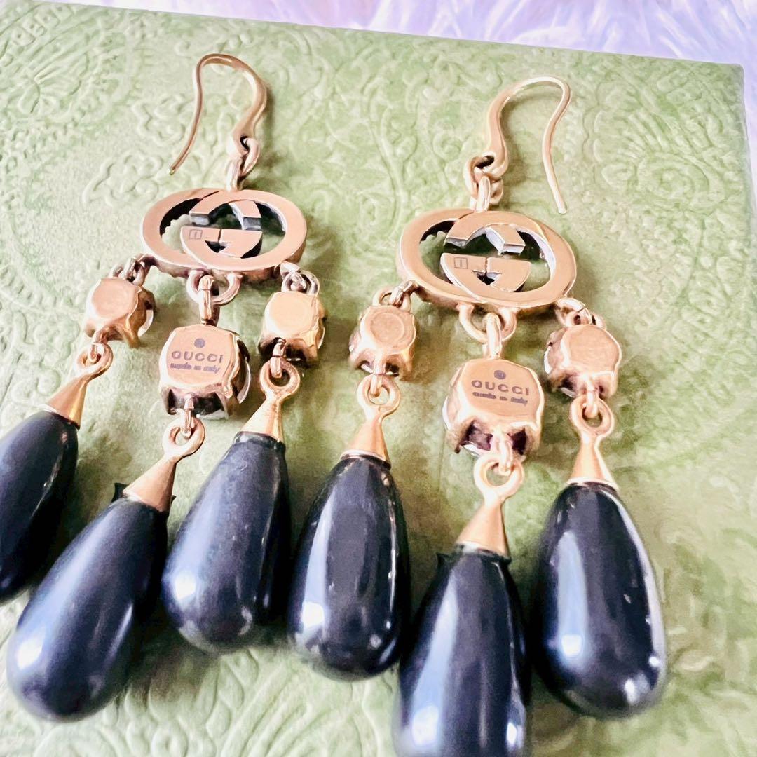 美品✨GUCCI　グッチ　ピアス　インターロッキング　フック　GGロゴ　ストーン