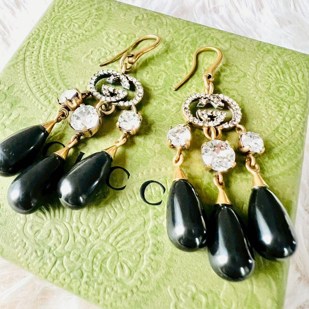 美品✨GUCCI　グッチ　ピアス　インターロッキング　フック　GGロゴ　ストーン