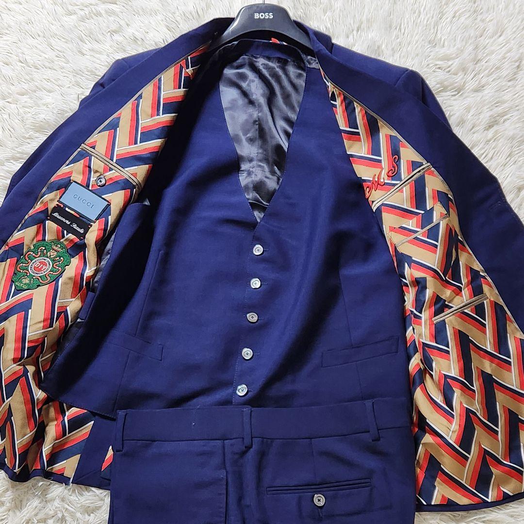 極美品✨XXXL相当 グッチ スーツ 3ピース 現行タグ 裏地総柄 ネイビー