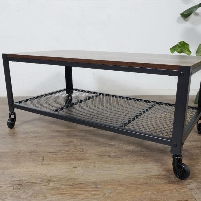 【新品】ヴィンテージ調 センターテーブル 幅90cm キャスター付き メッシュ棚