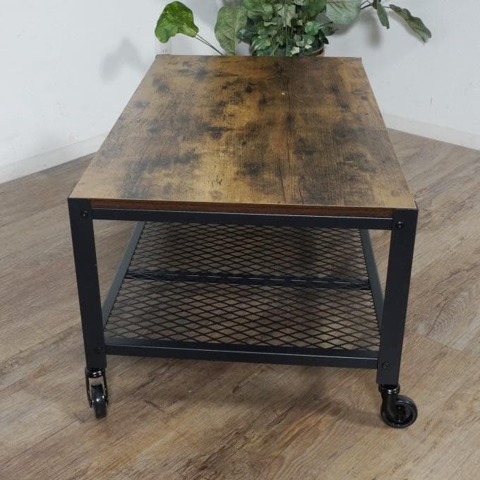 【新品】ヴィンテージ調 センターテーブル 幅90cm キャスター付き メッシュ棚