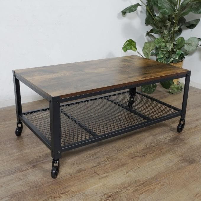 【新品】ヴィンテージ調 センターテーブル 幅90cm キャスター付き メッシュ棚