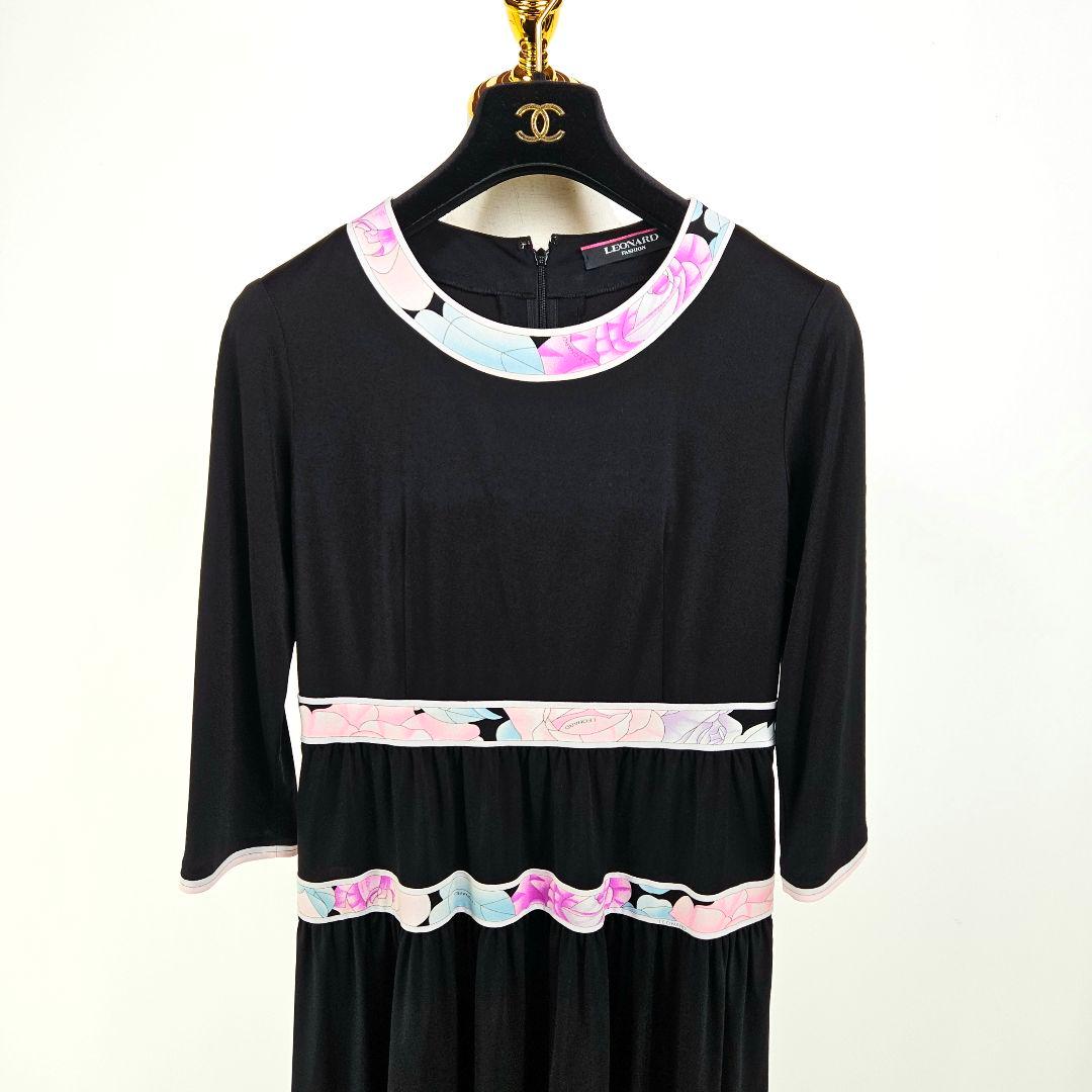 【極美品】レオナール フラワー ワンピース 36 ピンク 七分袖 カンカン