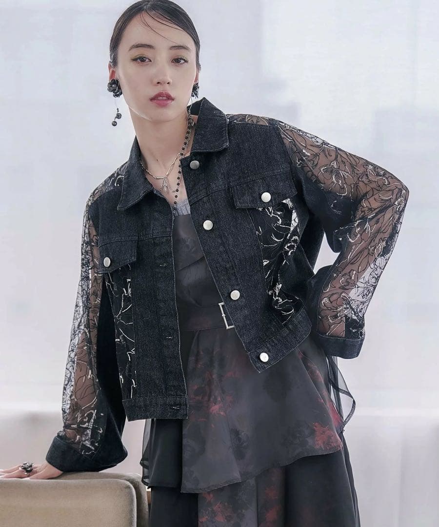 【LADIES】デニムレースキリカエブルゾン ブラック　FREE SIZE