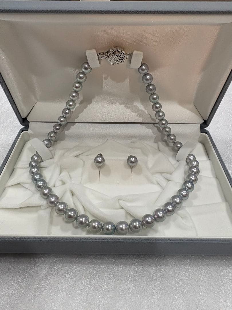グレー真珠 ネックレス ピアス セット｜8〜8.5mm フォーマル ケース付き