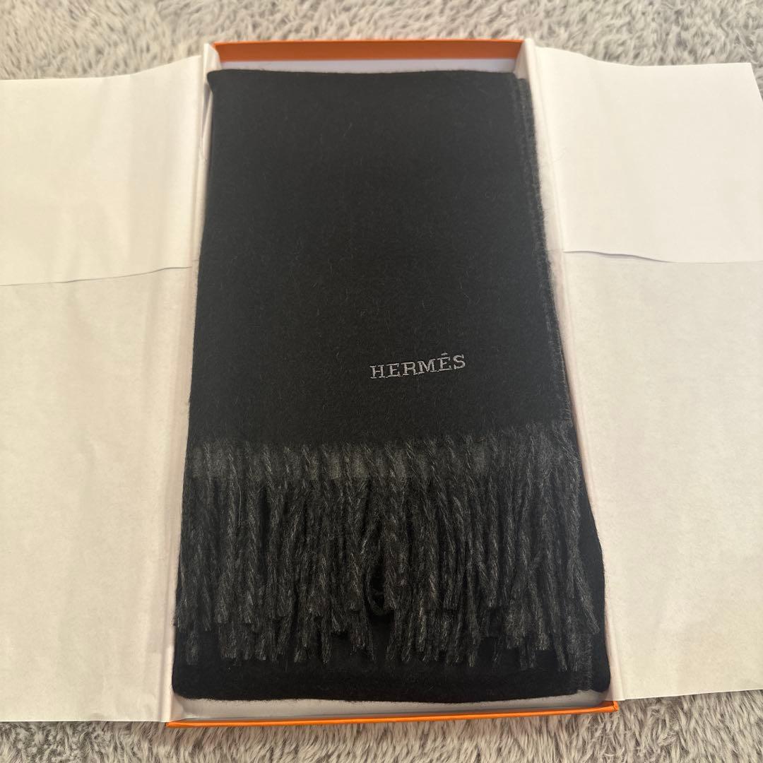 HERMES エルメス　カシミアマフラー　黒/グレー