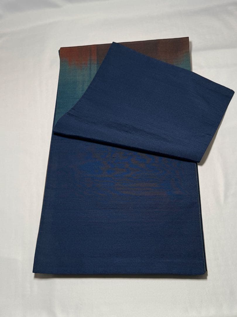 [極美品] 紬地　袋帯　正絹　紺　青　紬織　洒落袋　カジュアル　小紋　紬　無地