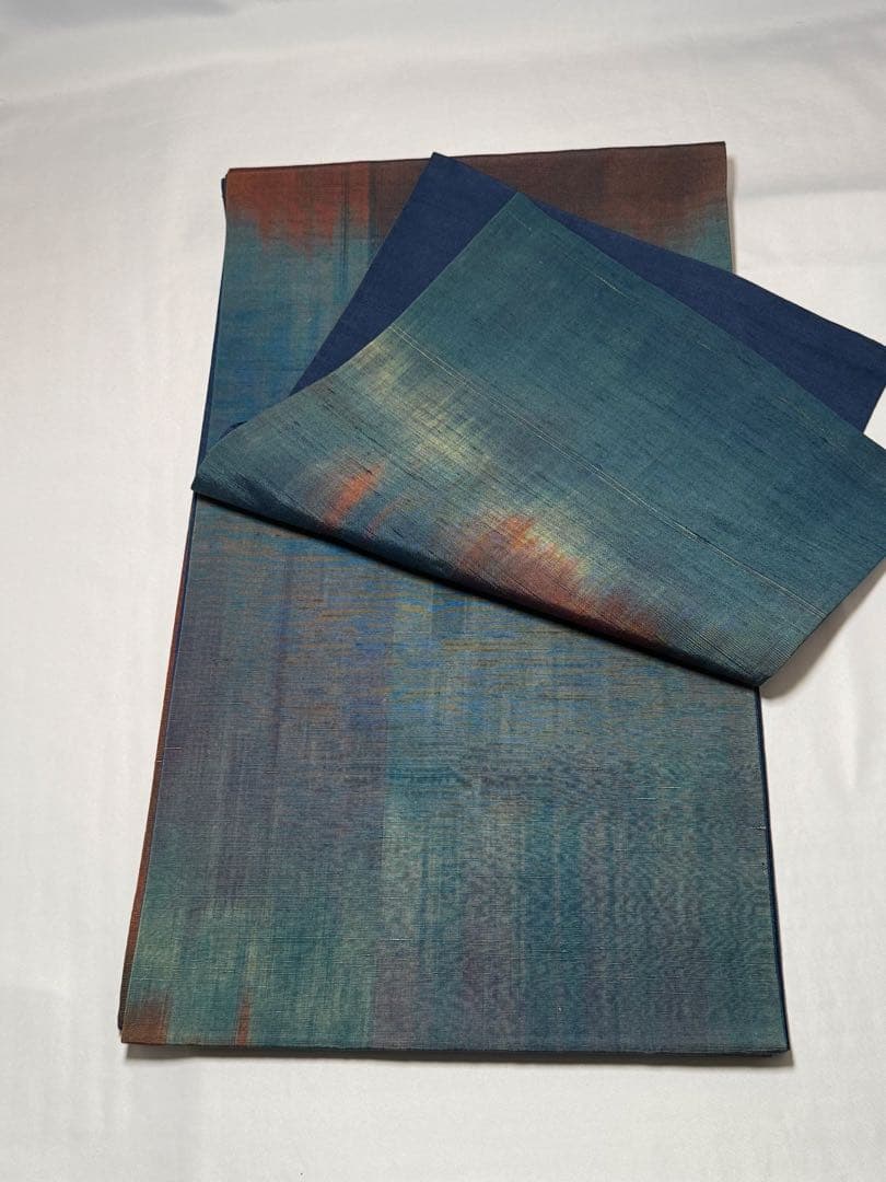 [極美品] 紬地　袋帯　正絹　紺　青　紬織　洒落袋　カジュアル　小紋　紬　無地