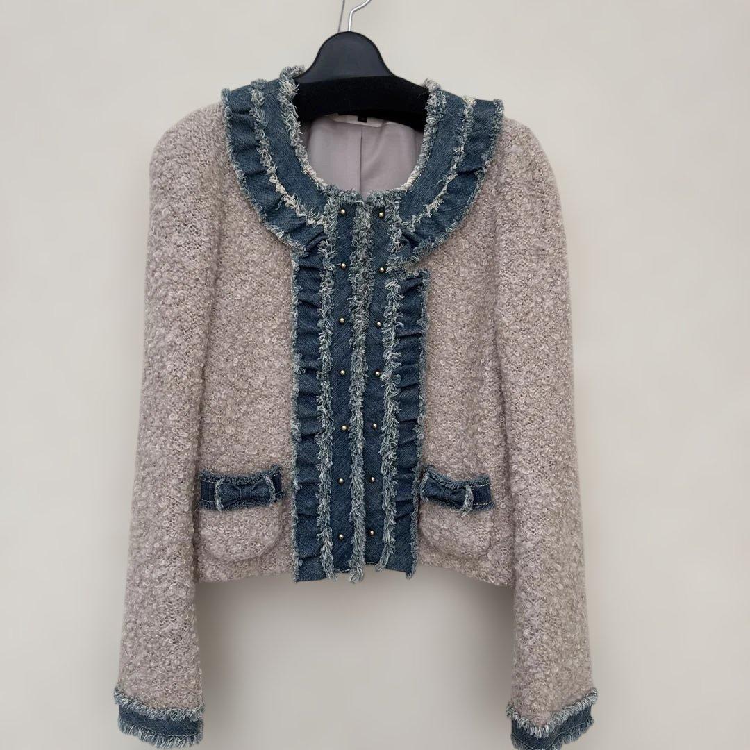 ノーカラーツイードジャケット フリンジ付き