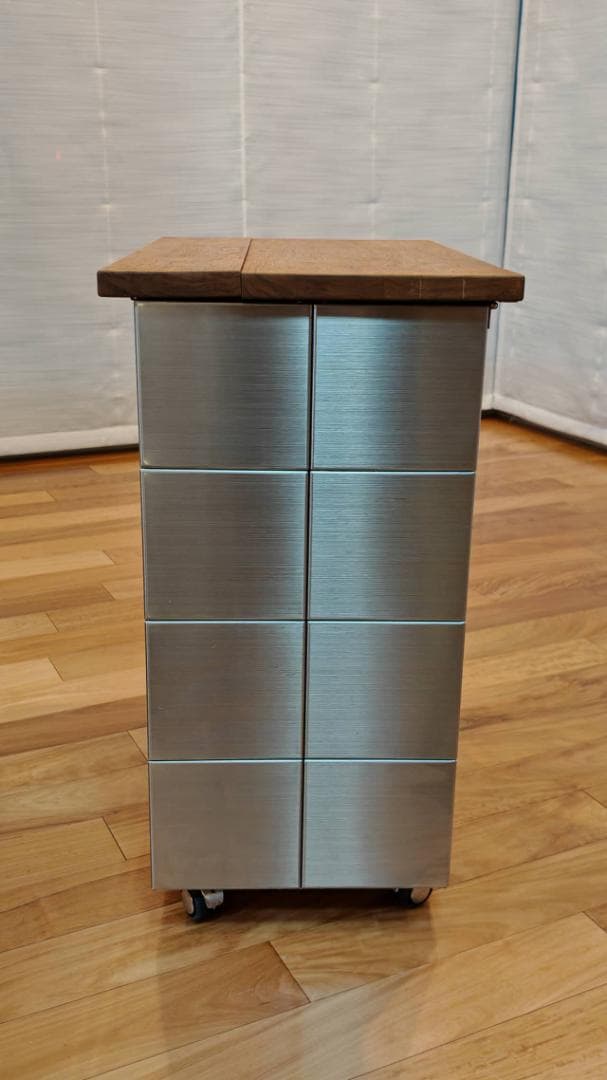 美品　【希少デザイン】ステンレスダストボックス／ゴミ箱 無垢材製天板付き