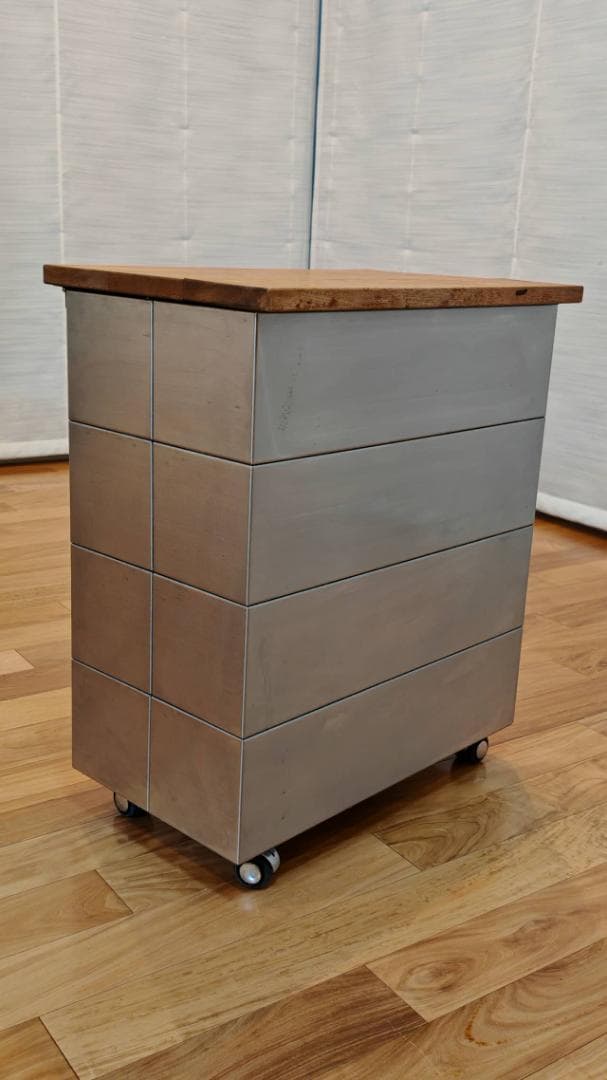 美品　【希少デザイン】ステンレスダストボックス／ゴミ箱 無垢材製天板付き