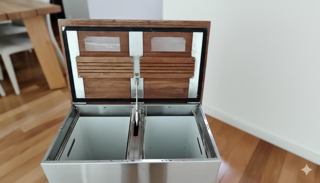 美品　【希少デザイン】ステンレスダストボックス／ゴミ箱 無垢材製天板付き