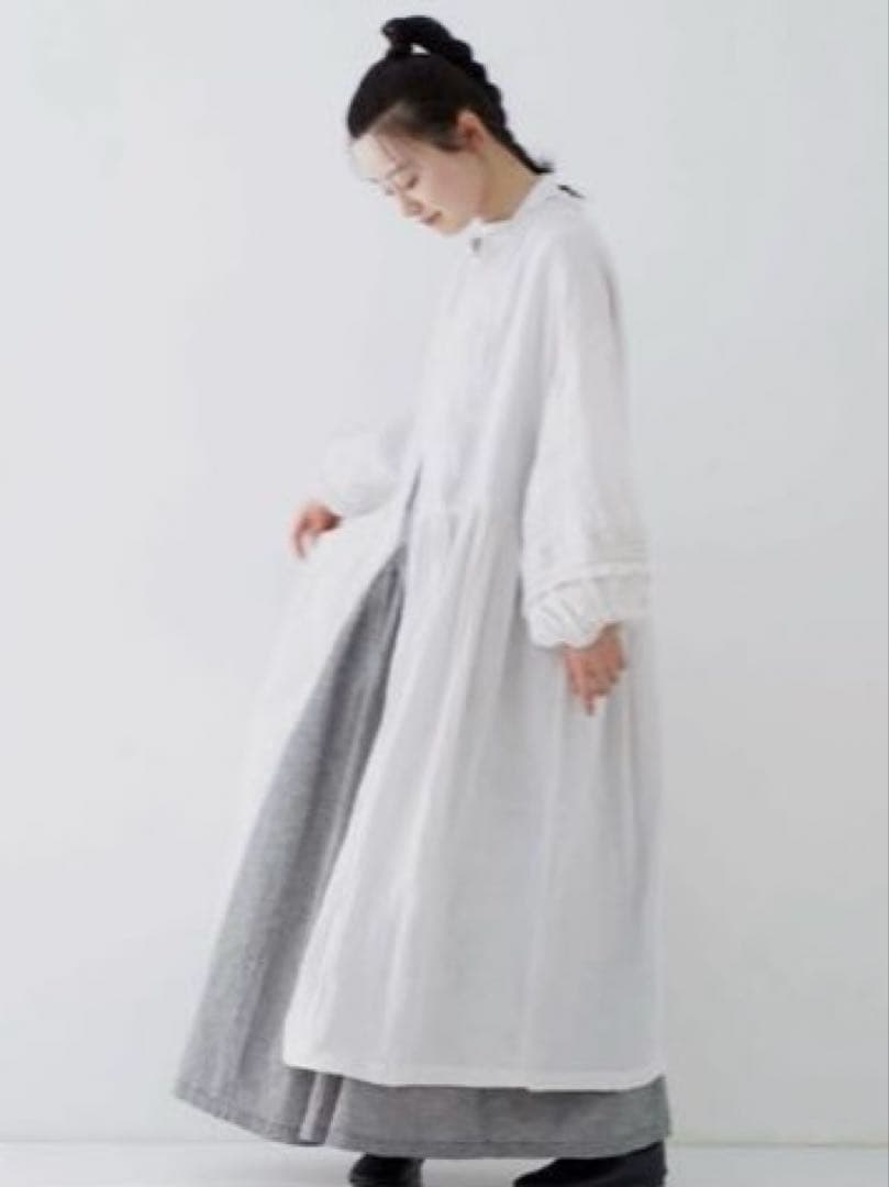 nest Robe ⿻ リネン 近江晒レース切り替え袖ワンピース 白 ナチュラル