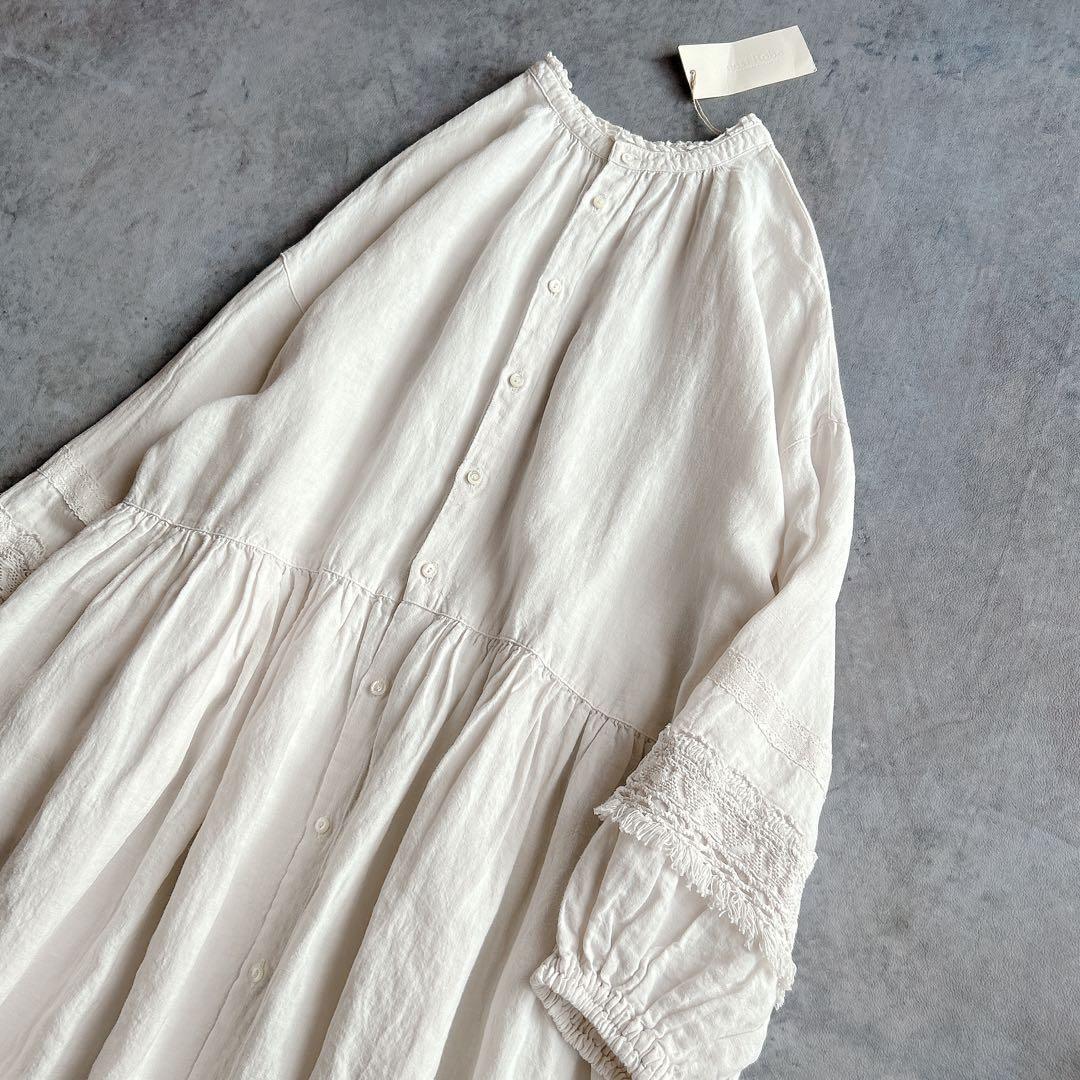 nest Robe ⿻ リネン 近江晒レース切り替え袖ワンピース 白 ナチュラル