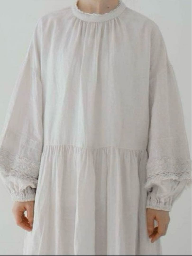 nest Robe ⿻ リネン 近江晒レース切り替え袖ワンピース 白 ナチュラル