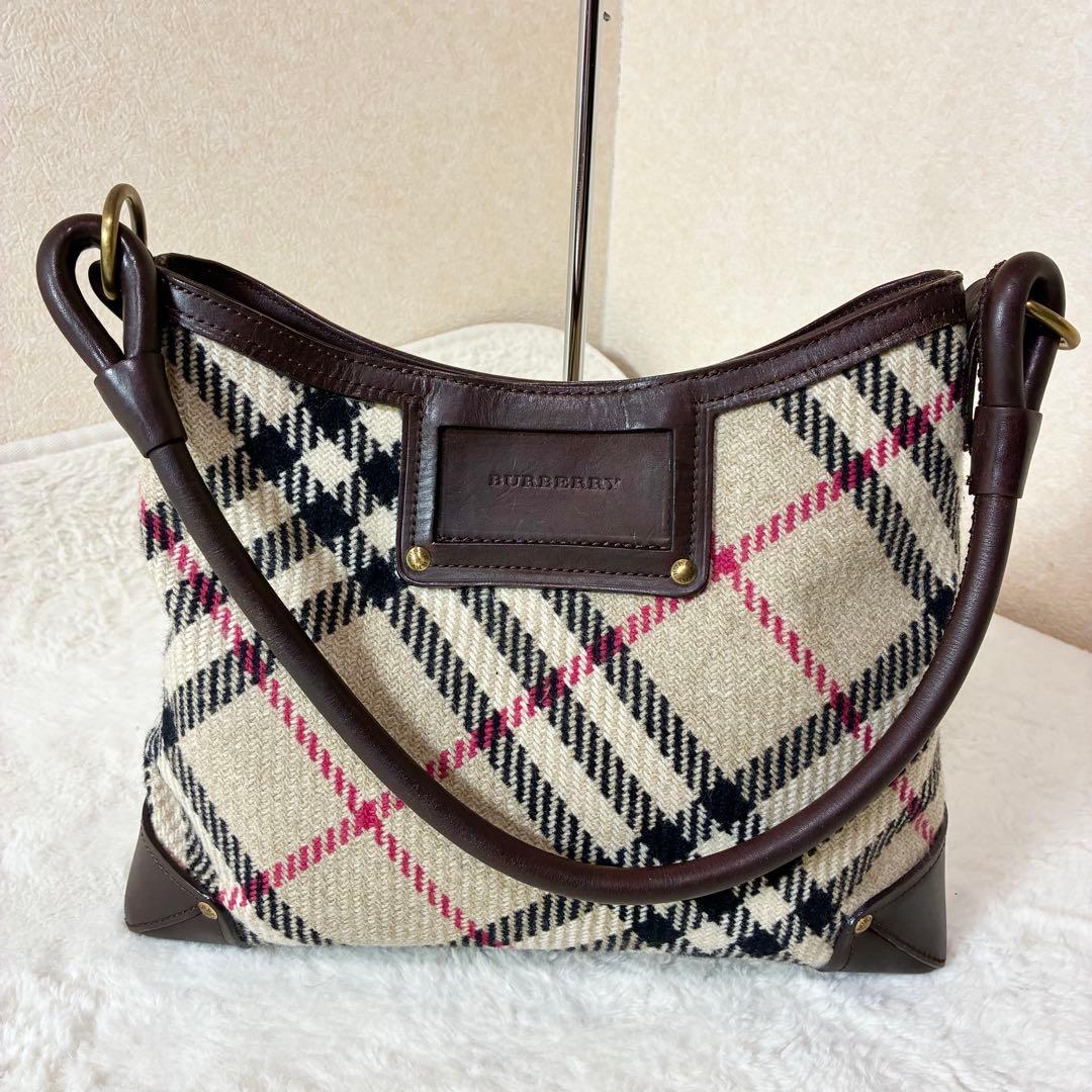 バーバリー ワンショルダーバッグ メガチェック レザー ウール ゴールド金具