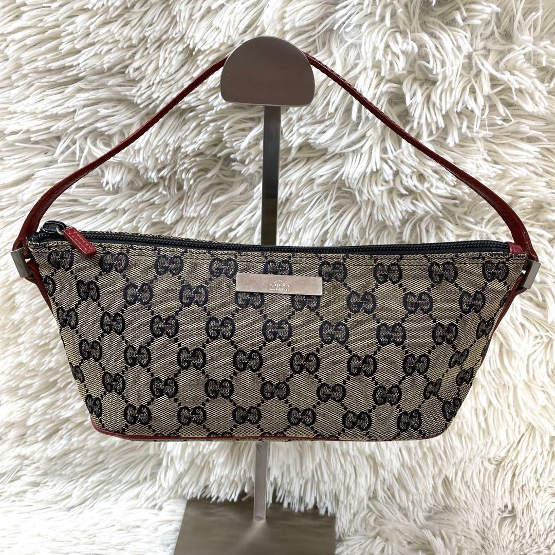 良品 GUCCI アクセサリーポーチ キャンバス GG柄 ロゴプレート　茶×赤