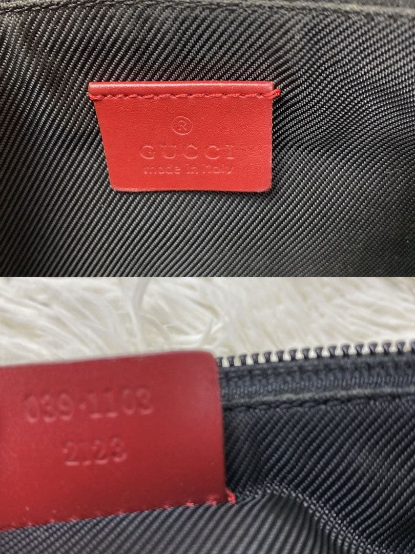 良品 GUCCI アクセサリーポーチ キャンバス GG柄 ロゴプレート　茶×赤