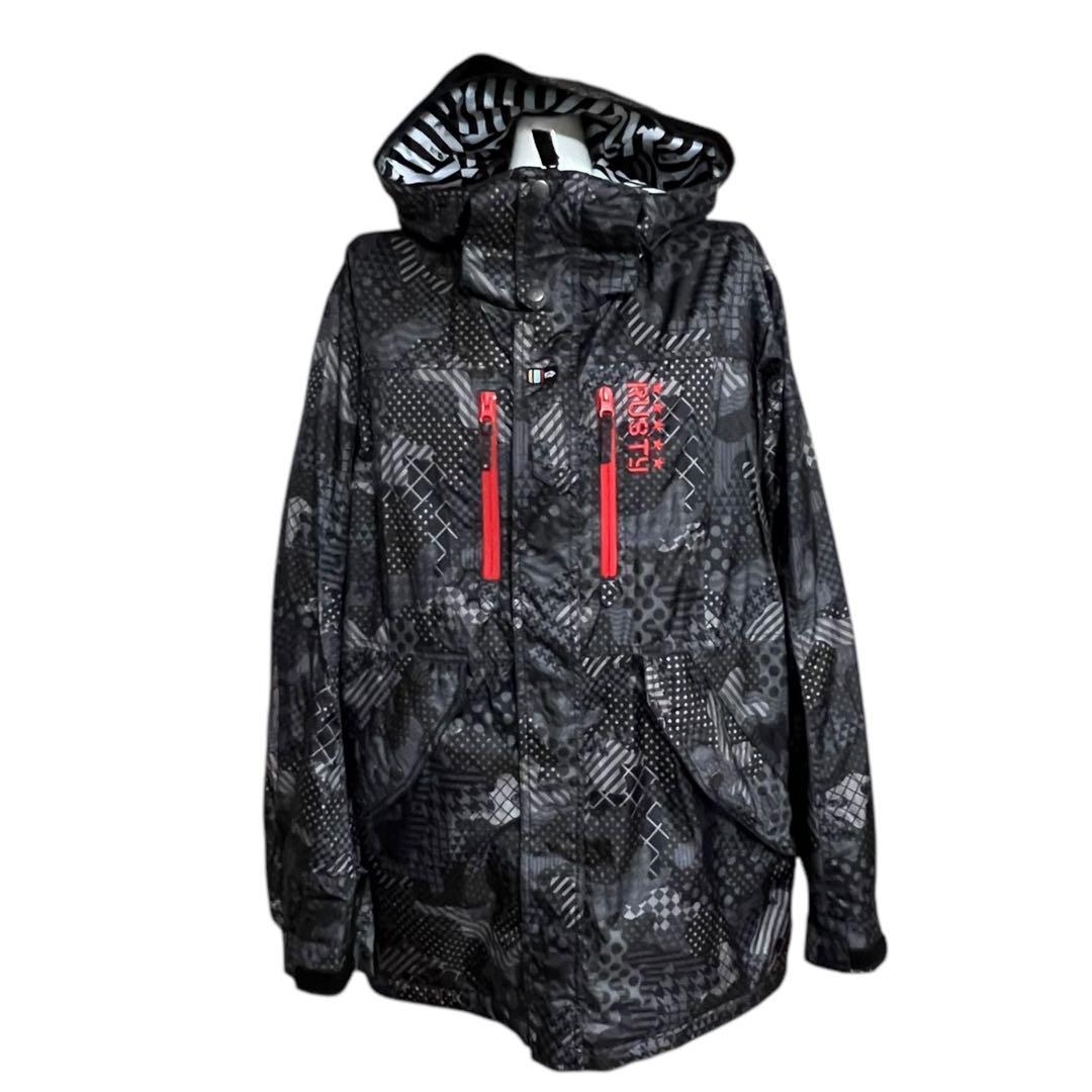 ラスティ スノーボードウェア ジャケット 総柄 黒赤 刺繍 L スキー 多機能