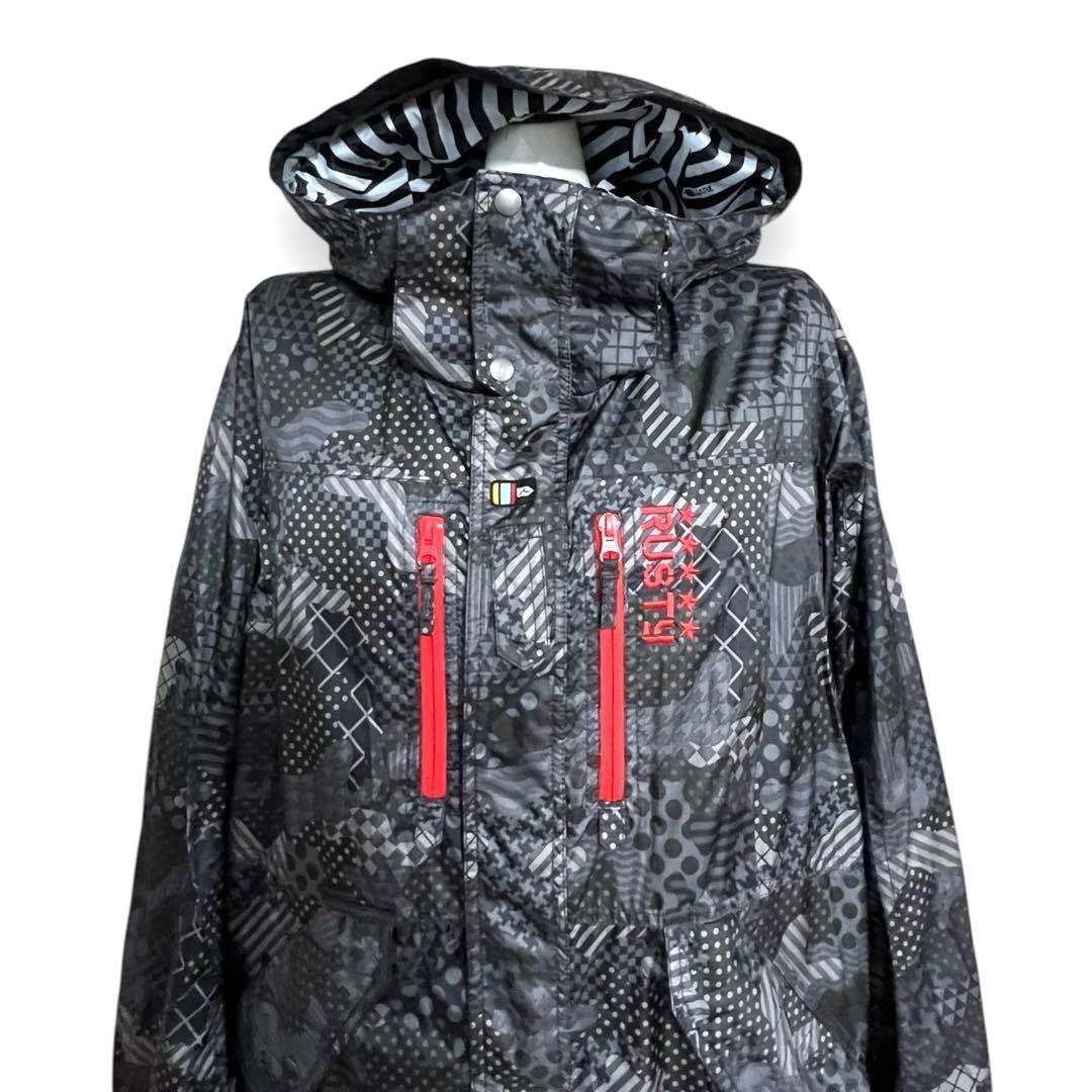 ラスティ スノーボードウェア ジャケット 総柄 黒赤 刺繍 L スキー 多機能