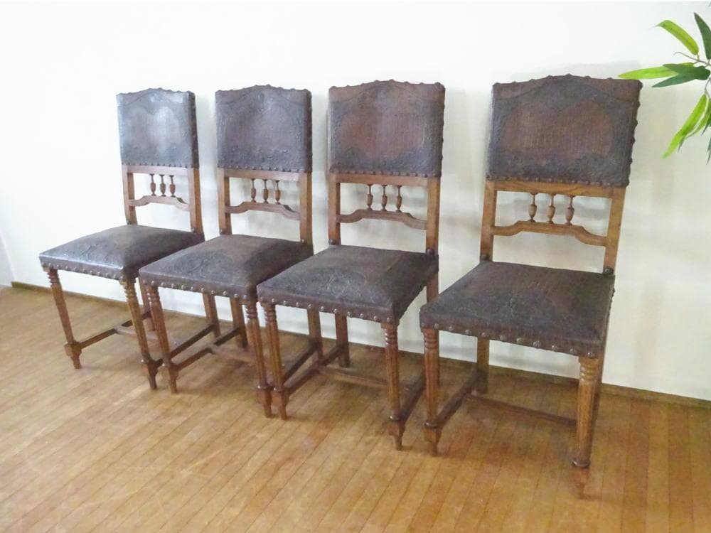 フランス　アンティーク　ダイニングチェア　レザーチェア　4脚セット　1脚づつも可