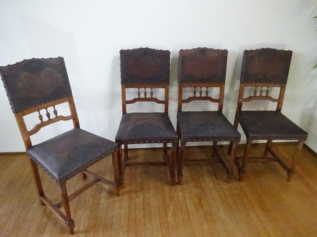 フランス　アンティーク　ダイニングチェア　レザーチェア　4脚セット　1脚づつも可