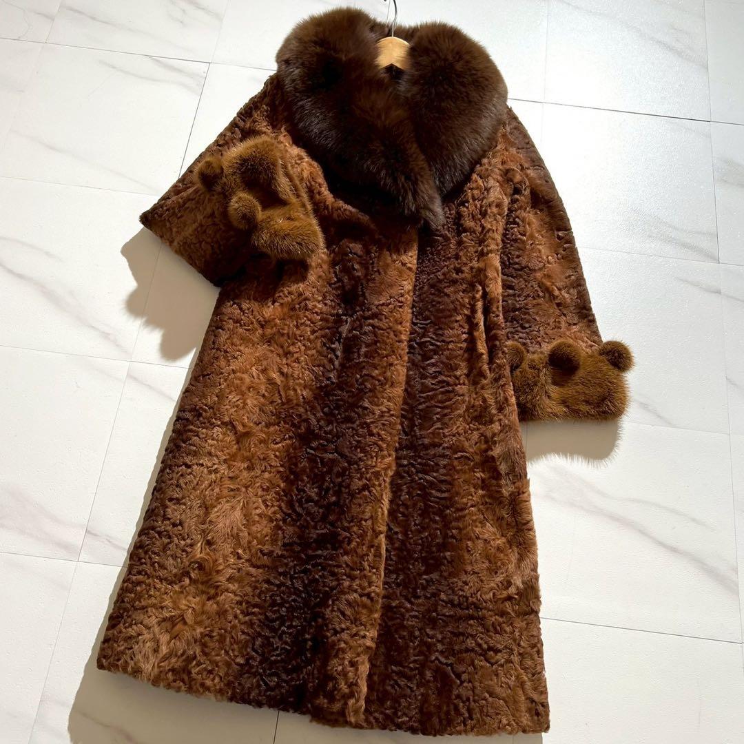 デザイン性◎デミバフミンク アストラカン カラーフォックス ロングコート
