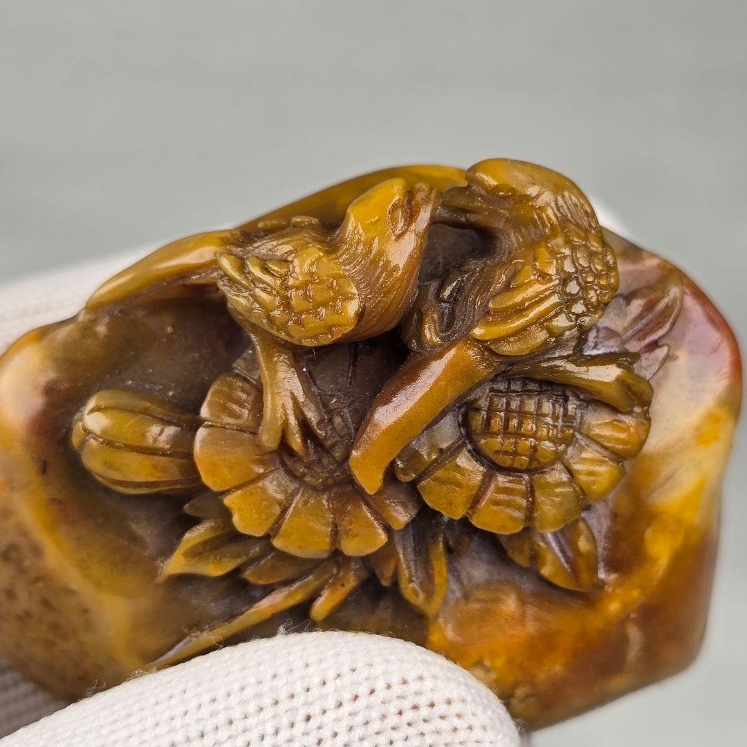 古文房具 本物寿山石 手彫 篆刻 比翼鳥紋 雅趣印章 置物 清代山彦作在銘